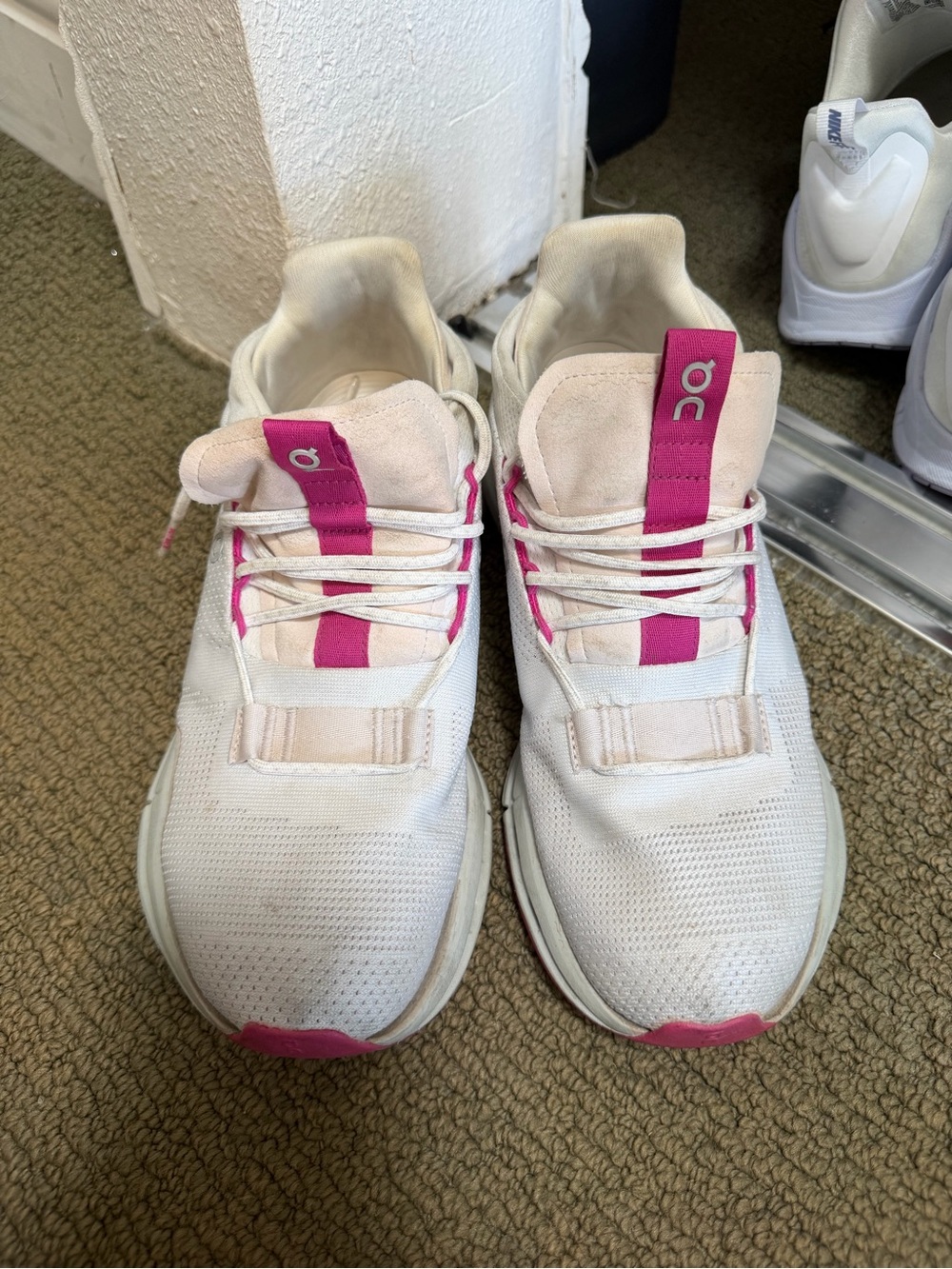 On Women's White Sneakers with Pink Accents - Lightweight Comfort